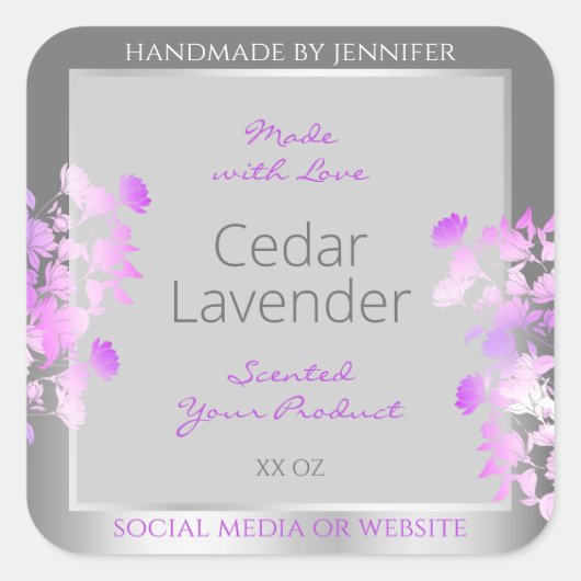 Paarse bloemenverpakkingsetiketten grijs zilver vierkante sticker (Voorkant)