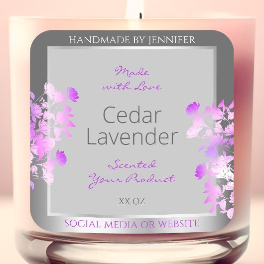 Paarse bloemenverpakkingsetiketten grijs zilver vierkante sticker