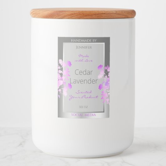 Paarse bloemenverpakkingsetiketten grijs zilver voedselcontainer etiket (Voorkant)