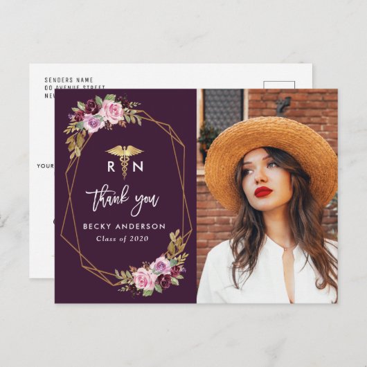paarse bloemenverpleegschool afstuderen Dank u Briefkaart (Voorkant / Achterkant)