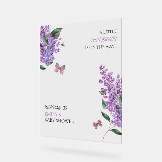 Paarse bloemenvlinder baby shower acryl bord (Hoek)