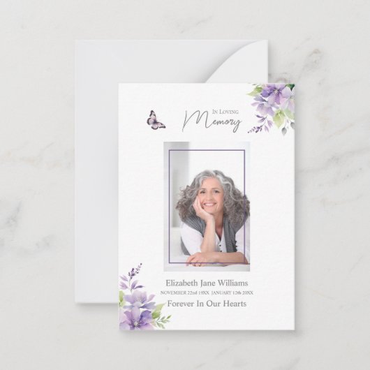Paarse Bloemenvlinder Begrafenis Gebed Notitiekaartje (Voorkant)