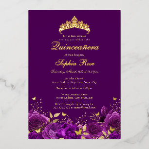 Paarse Bloemenvlinder Tiara Quinceanera Folie Uitnodiging