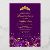 Paarse Bloemenvlinder Tiara Quinceanera Folie Uitnodiging (Voorkant)