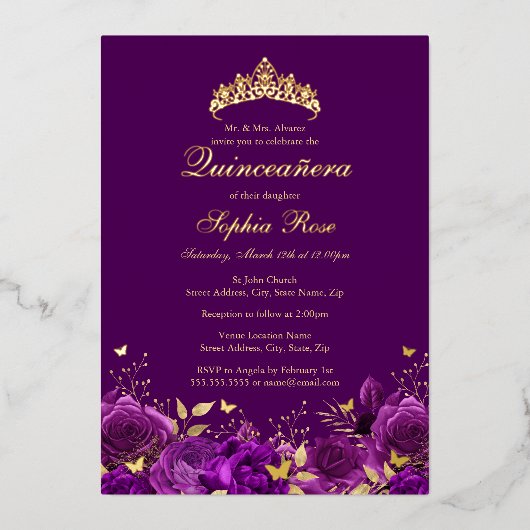Paarse Bloemenvlinder Tiara Quinceanera Folie Uitnodiging (Voorkant)