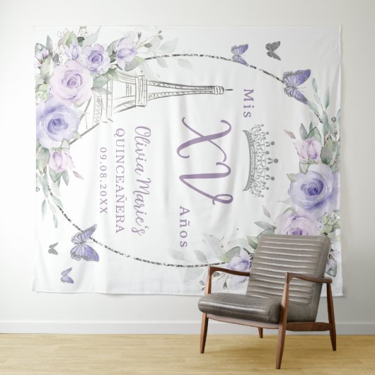 Paarse bloemenvlinders Eiffel Paris Quinceañera Wandkleed (In Situ (horizontaal))