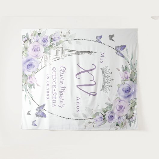 Paarse bloemenvlinders Eiffel Paris Quinceañera Wandkleed (Voorkant (horizontaal))