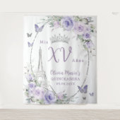 Paarse bloemenvlinders Eiffel Paris Quinceañera Wandkleed (Voorkant)