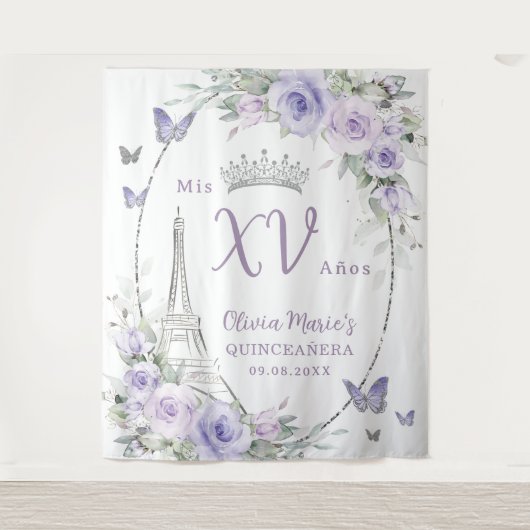 Paarse bloemenvlinders Eiffel Paris Quinceañera Wandkleed (Voorkant)