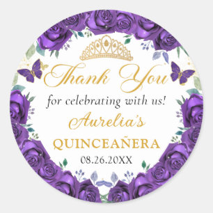 Paarse Bloemenvlinders Quinceañera Princess Ronde Sticker
