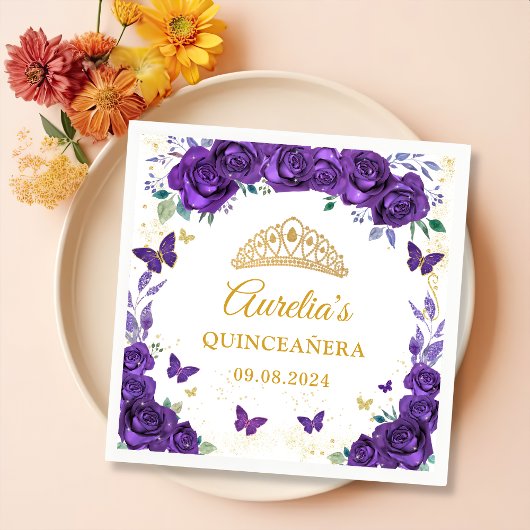 Paarse Bloemenvlinders Quinceanera servetten