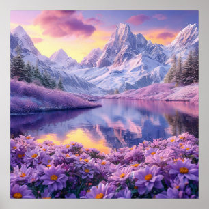 Paarse Bloemenweide Alpenmeer Dromerige Zonsonderg Poster