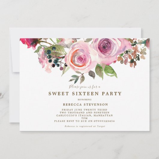 paarse bloemenzoete zestien feestuitnodiging kaart (Voorkant)