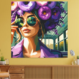 Paarse Bloemenzonnebril Vrouw Boho Portret Canvas Afdruk
