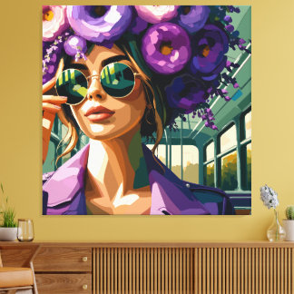 Paarse Bloemenzonnebril Vrouw Boho Portret Canvas Afdruk