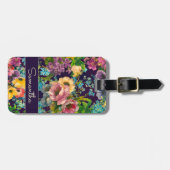  paarse bloemenzwart patroonmonogram bagagelabel (Voorkant horizontaal)