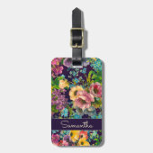  paarse bloemenzwart patroonmonogram bagagelabel (Voorkant verticaal)