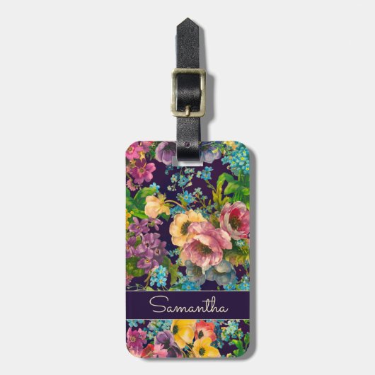  paarse bloemenzwart patroonmonogram bagagelabel (Voorkant verticaal)