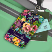  paarse bloemenzwart patroonmonogram bagagelabel