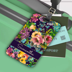 paarse bloemenzwart patroonmonogram bagagelabel