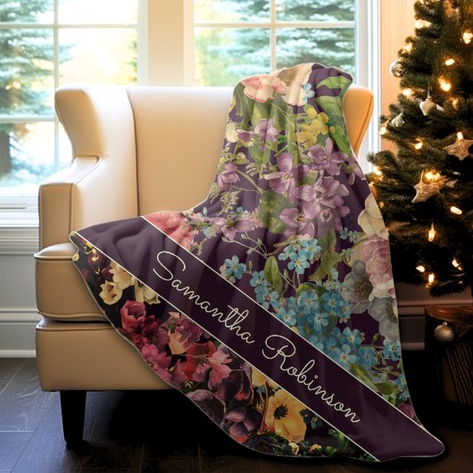  paarse bloemenzwart patroonmonogram fleece deken