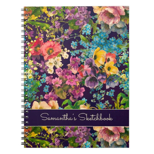  paarse bloemenzwart patroonmonogram notitieboek (Voorkant)