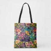  paarse bloemenzwart patroonmonogram tote bag (Voorkant)