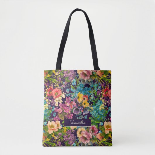  paarse bloemenzwart patroonmonogram tote bag (Voorkant)