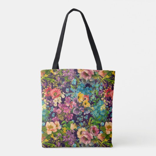  paarse bloemenzwart patroonmonogram tote bag (Achterkant)