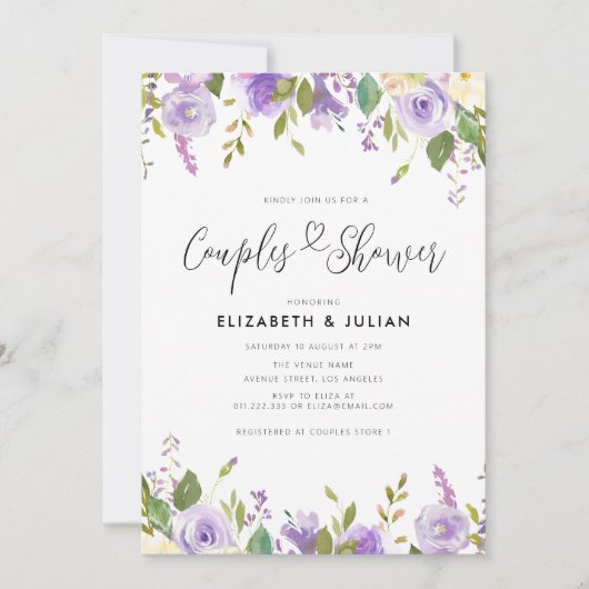 paarse bloemetjes douche-uitnodiging kaart (Voorkant)