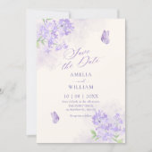 Paarse bloemetuin bruiloft save the date (Voorkant)