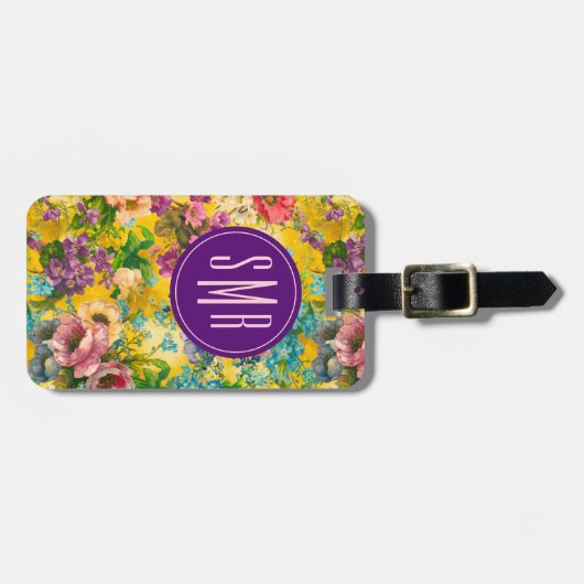 paarse bloemgeel patroonmonogram bagagelabel (Voorkant horizontaal)