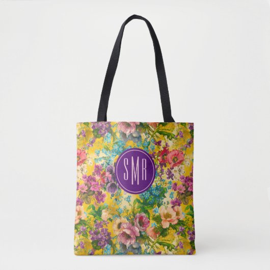  paarse bloemgeel patroonmonogram tote bag (Voorkant)