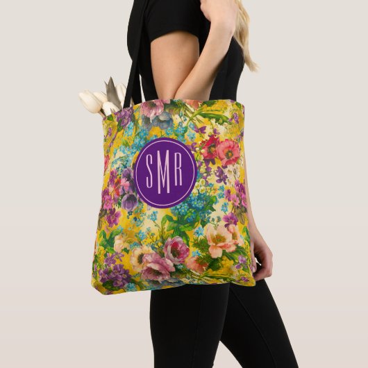  paarse bloemgeel patroonmonogram tote bag (Dichtbij)