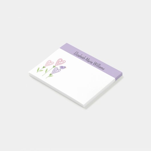 Paarse bloemharten gepersonaliseerd post-it® notes (Schuin)