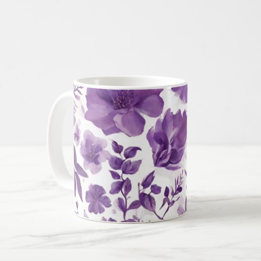 Paarse bloemige afbeelding op 11 oz koffie mok (Voorkant links)