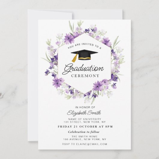 paarse bloemige afstuderen ceremonie uitnodiging (Voorkant)