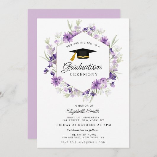 paarse bloemige afstuderen ceremonie uitnodiging (Voorkant / Achterkant)