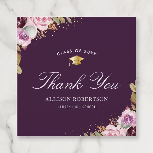 paarse bloemige afstuderen dank u bedankjes labels (Voorkant)