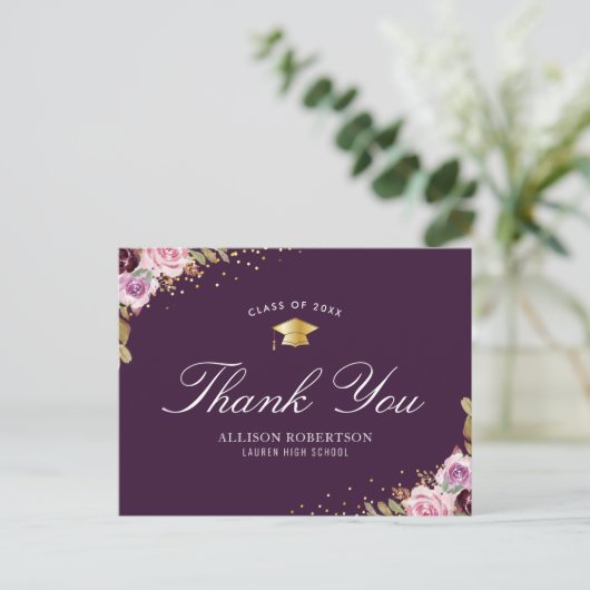 paarse bloemige afstuderen dank u briefkaart (Staand voorkant)