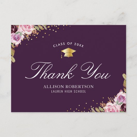 paarse bloemige afstuderen dank u briefkaart (Voorkant)