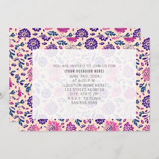 Paarse bloemige allround feest decoratie kaart (Voorkant / Achterkant)