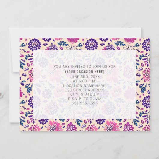 Paarse bloemige allround feest kaart (Voorkant)