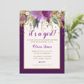 Paarse bloemige Amethyst babyshower uitnodiging (Staand voorkant)