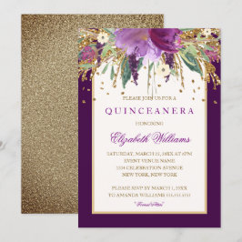 Paarse Bloemige Amethyst Quinceanera Uitnodiging