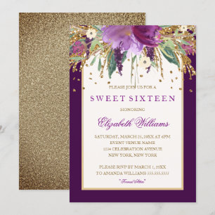 Paarse Bloemige Amethyst Sweet Sixteen Uitnodiging