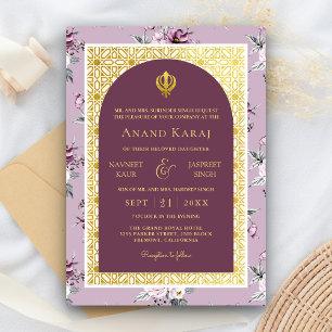 Paarse Bloemige Anand Karaj Punjabi Sikh Huwelijk Kaart