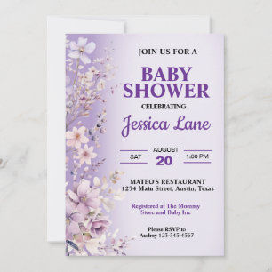 Paarse Bloemige Aquarel Baby Shower Uitnodiging