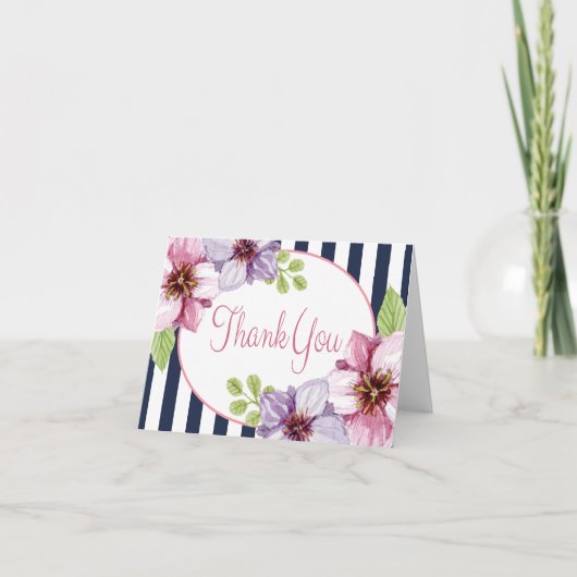 Paarse Bloemige Aquarel Bedankt Blauwe Strepen (Voorkant)