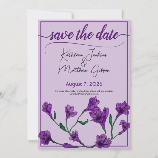 Paarse Bloemige Aquarel Bruiloft Save The Date (Voorkant)